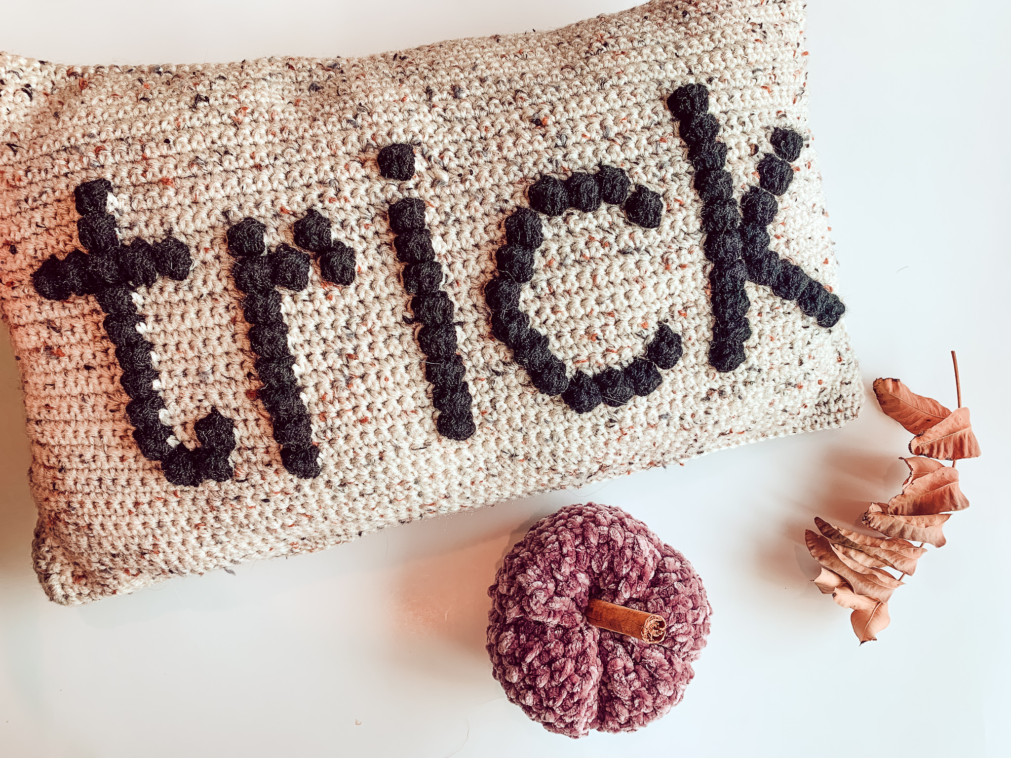 This image is of a beige crochet pillow with the word "Trick" in black yarn sitting on a white background. A purple pumpkin and some fall leaves are also in the photo.
