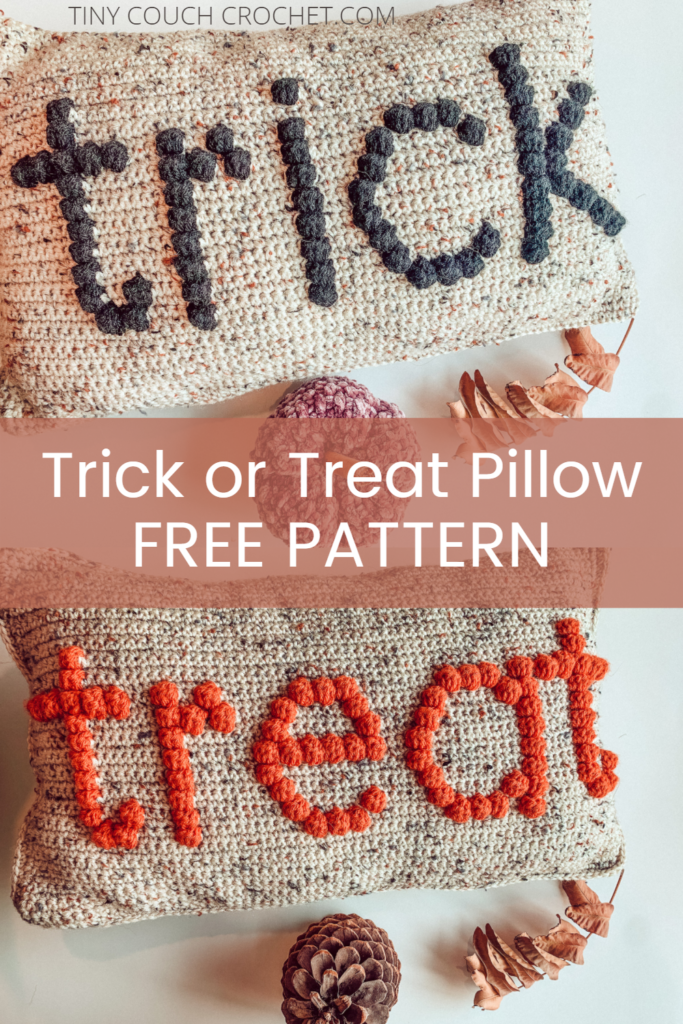 There are two images of crochet pillows. The pillow at the top says "trick" in black yarn over a neutral background and the pillow at the bottom says "treat" in orange yarn. Both pillows are sitting on a white background with fall foliage. White text in the middle says "Trick or Treat Pillow Free Pattern". The pillows are made from a free halloween crochet pattern.