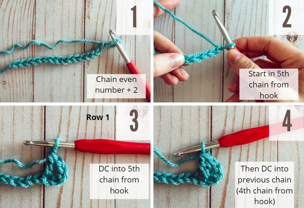 Images 1 thru 4 showing the crossed double crochet stitch. Yarn is blue and worked with a red crochet hook. The background is whitewashed wood. 