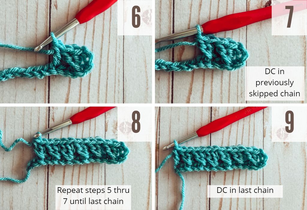 Images 6 thru 9 of the crossed double crochet stitch tutorial. Yarn is blue and crochet hook used is red. The background is white washed wood.