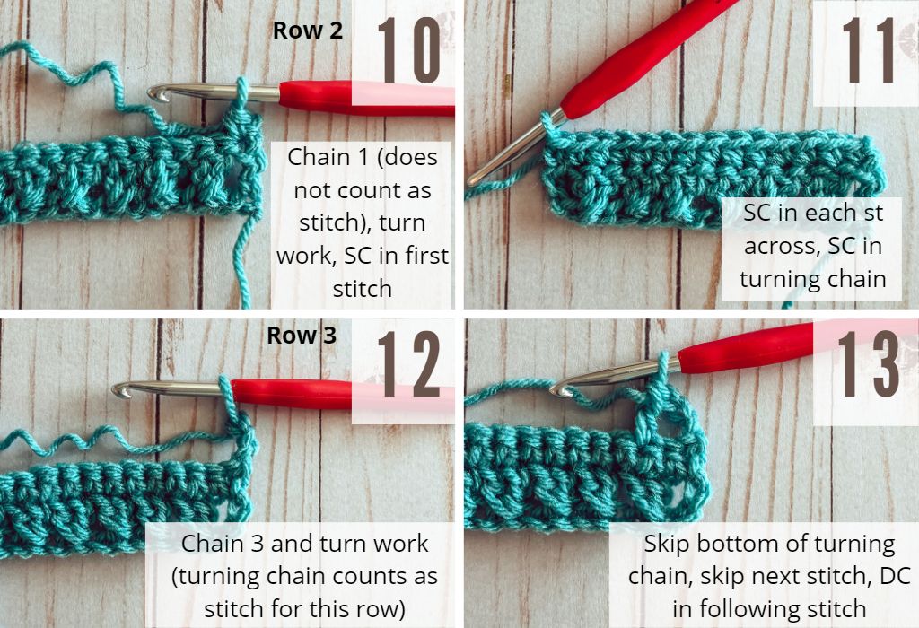 Images 10 thru 13 of the crossed double crochet stitch tutorial