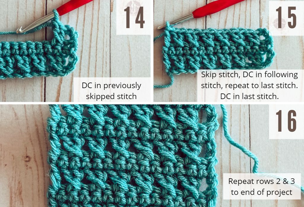Images 14 thru 16 of the crossed double crochet stitch tutorial. Yarn is blue and crochet hook is red. Background is whitewashed wood.