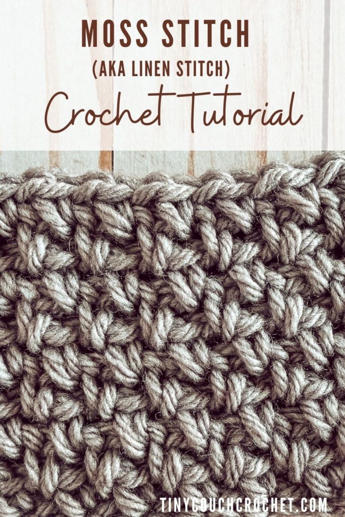 Text at the top says "moss stitch (aka linen stitch) crochet tutorial. The bottom is an image of a close up of a moss stitch crochet swatch in bulky gray yarn.