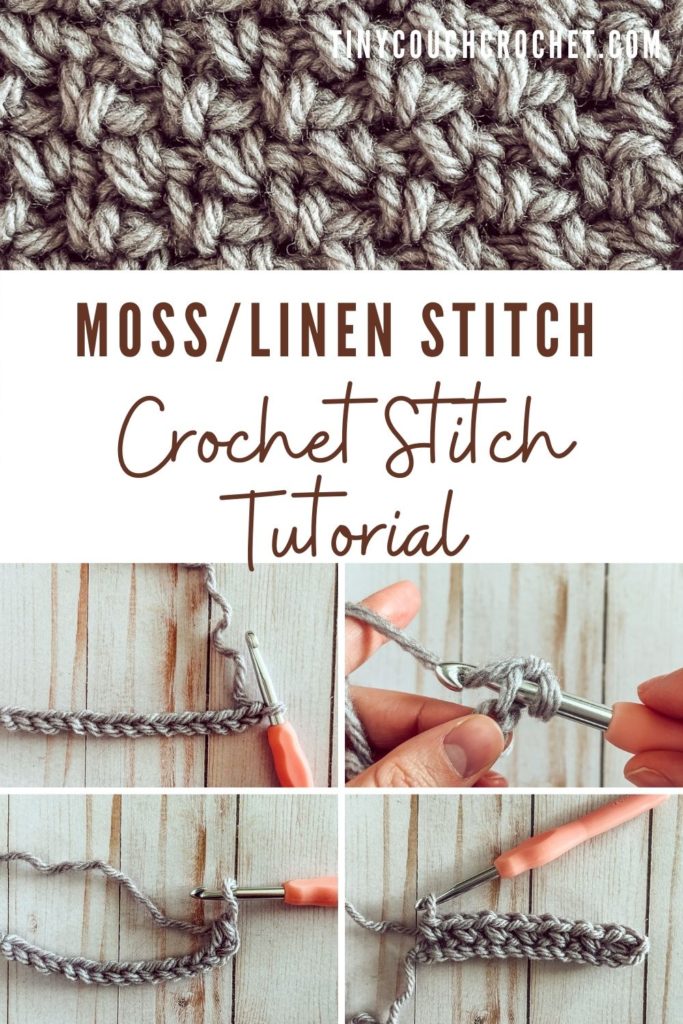 a swatch of the crochet Moss stitch is at the top, in bulky gray yarn. Four images showing steps to make the moss stitch are at the bottom. In the middle text says "moss/linen stitch crochet stitch tutorial"