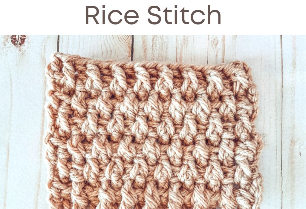 A crochet swatch of the rice stitch in beige yarn is on a wood background. Text at the top says "Rice stitch"