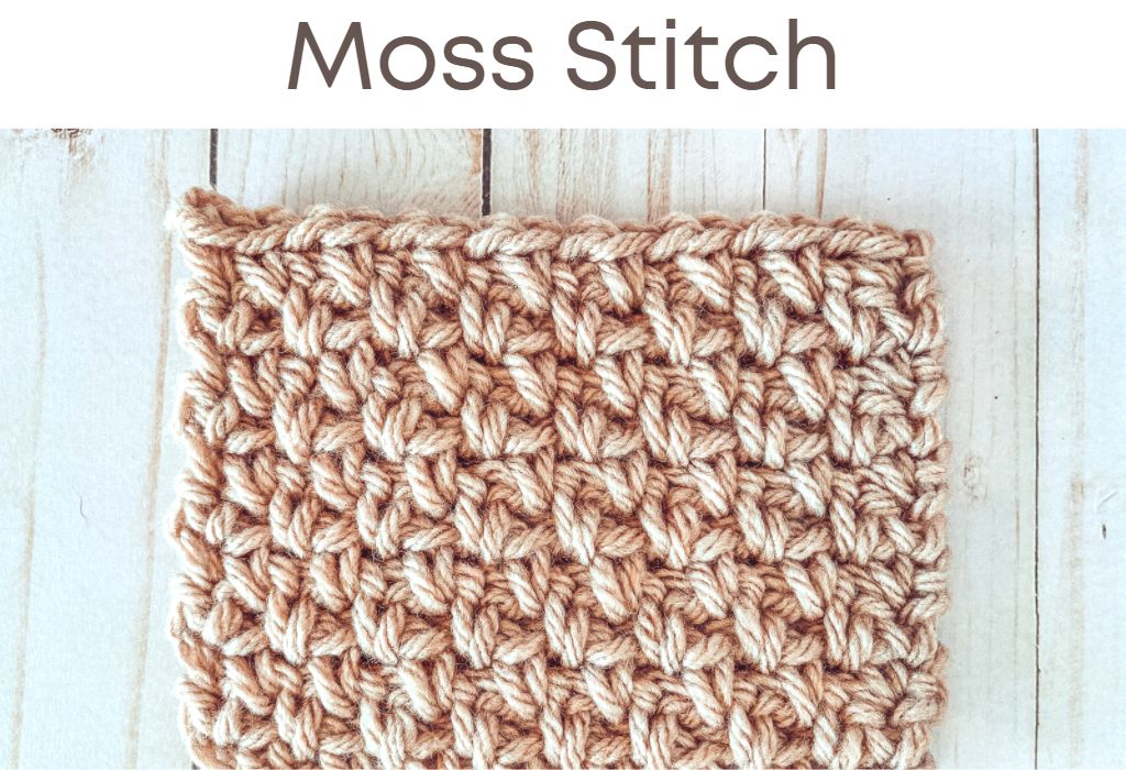 A crochet swatch of the moss stitch in beige yarn is on a wood background. Text at the top says "Moss stitch"