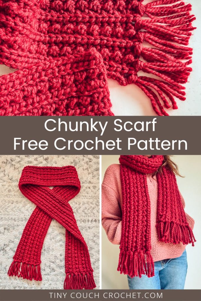 The top image is a close up of a chunky crochet scarf made out of bulky red yarn. The bottom two images are side by side: the left is of the full scarf laid out on carpet, and the right image is of a woman wearing the scarf. Text in the middle says "chunky scarf free crochet pattern" and text at the bottom says "tinycouchcrochet.com"