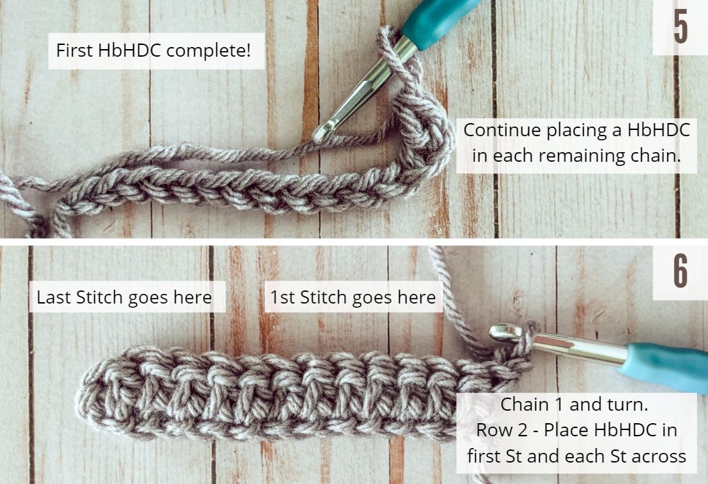 A series of 2 images show the first steps of creating the Herringbone Half Double Crochet stitch
