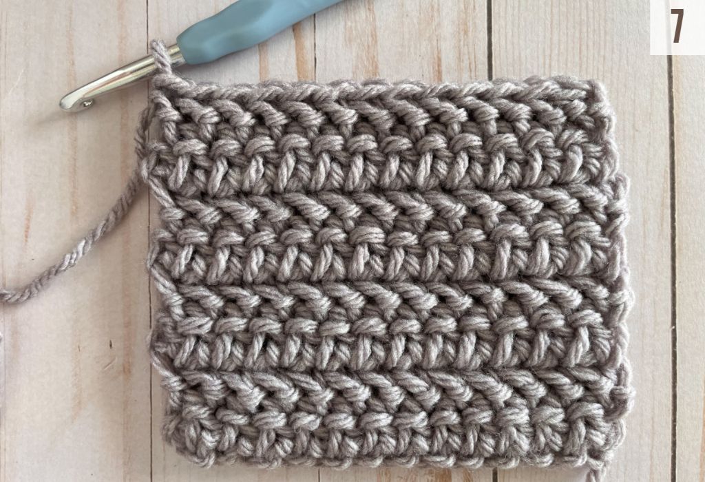A close up of a swatch of the Herringbone Double Crochet Stitch