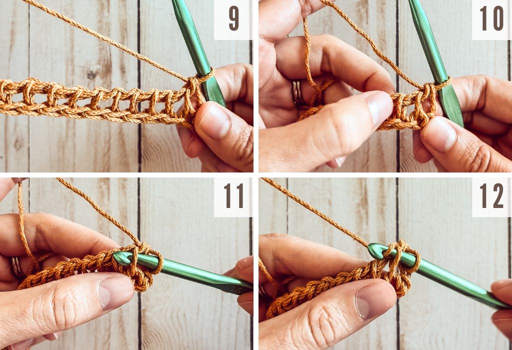 Steps 9 thru 12 of how to crochet a beginner tunisian crochet dishcloth