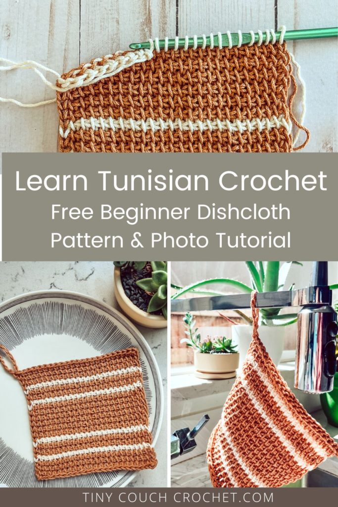 The top photo is of a tunisian crochet dishcloth in progress. The bottom left photo is the finished tunisian crochet dishcloth on a plate, and the bottom right photo is the finished tunisian dishcloth hanging from the kitchen sink faucet. Text in the middle says "Learn Tunisian crochet, free beginner dishcloth pattern & photo tutorial"