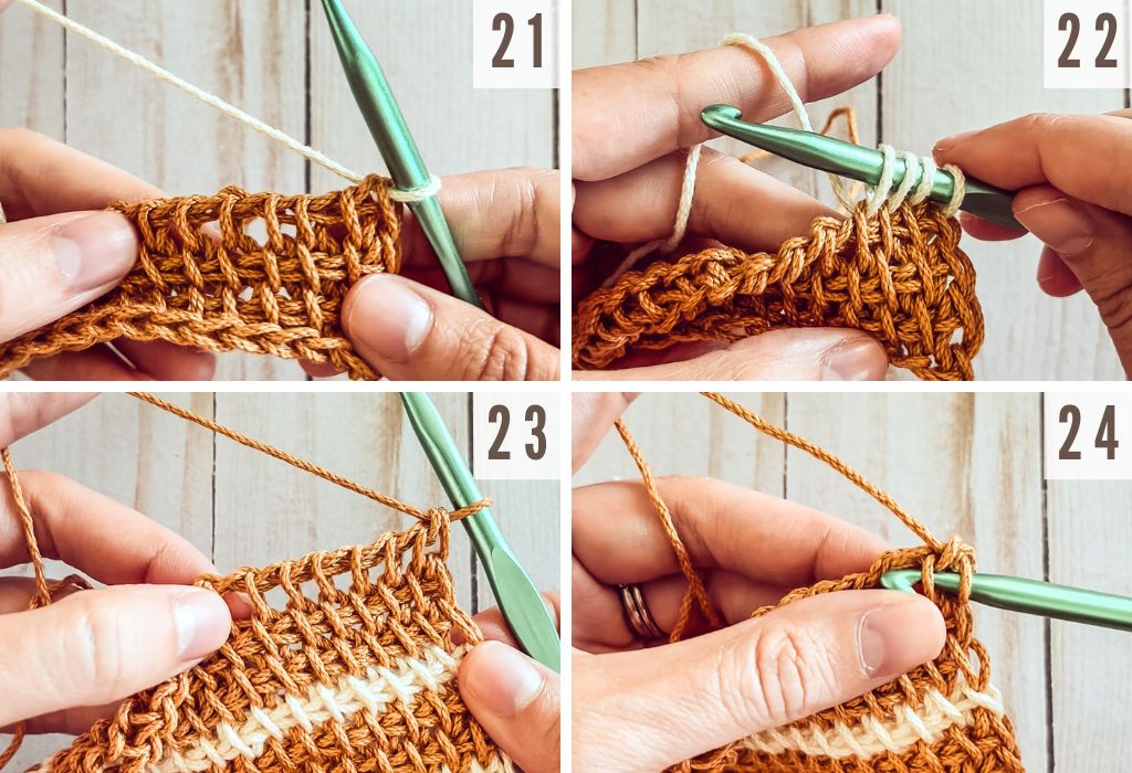 Steps 21 thru 24 of how to crochet a beginner tunisian crochet dishcloth