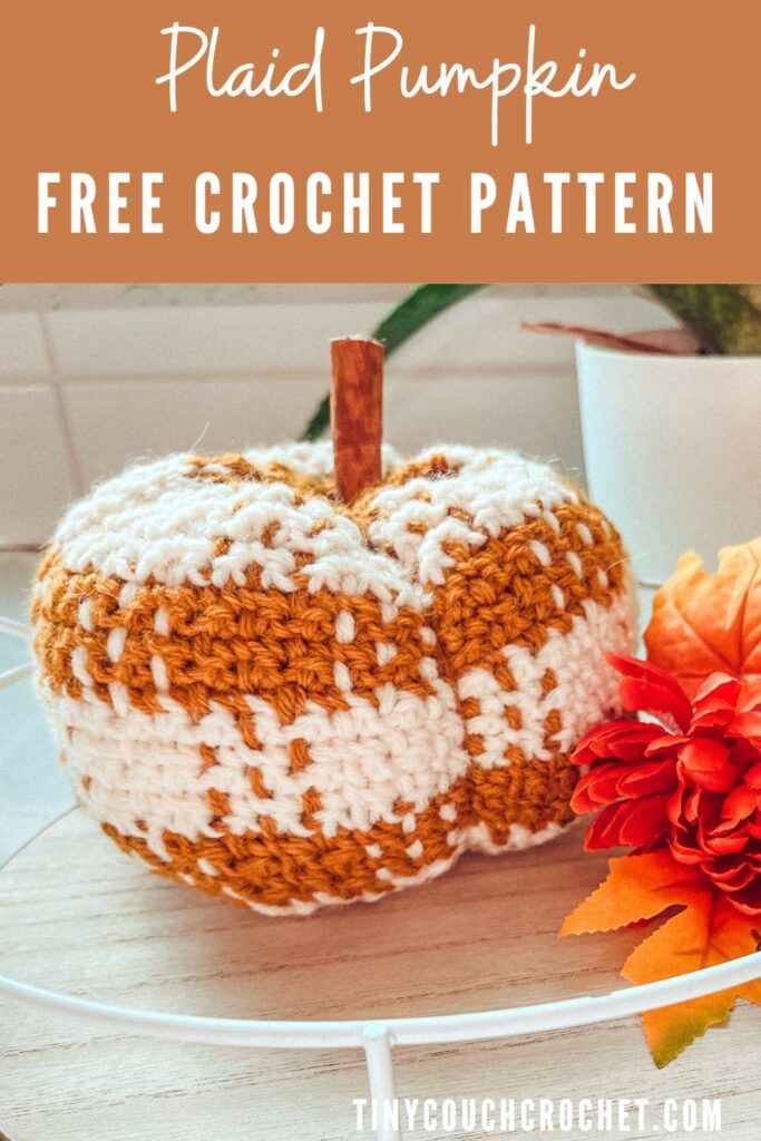 Text at the top says "plaid pumpkin free crochet pumpkin" The main picture is of an orange and white plaid crochet pumpkin sitting on a kitchen counter with other autumn decor