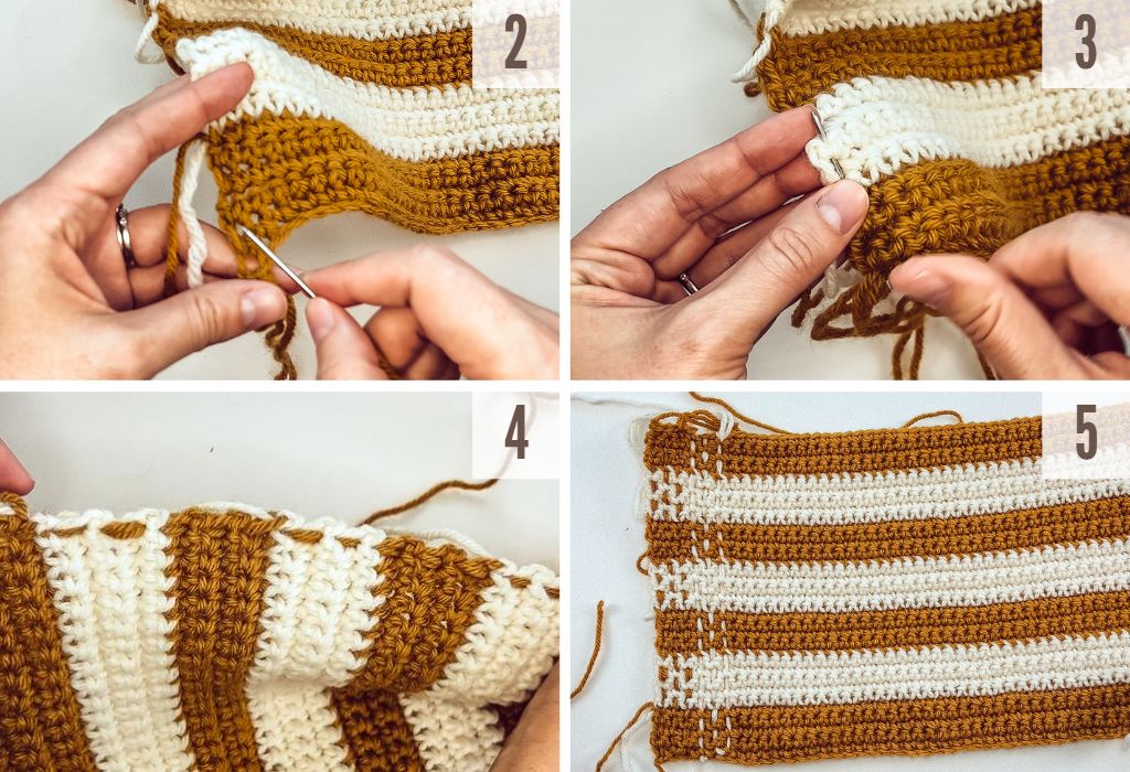 Steps 2-5 of how to make a plaid crochet pumpkin