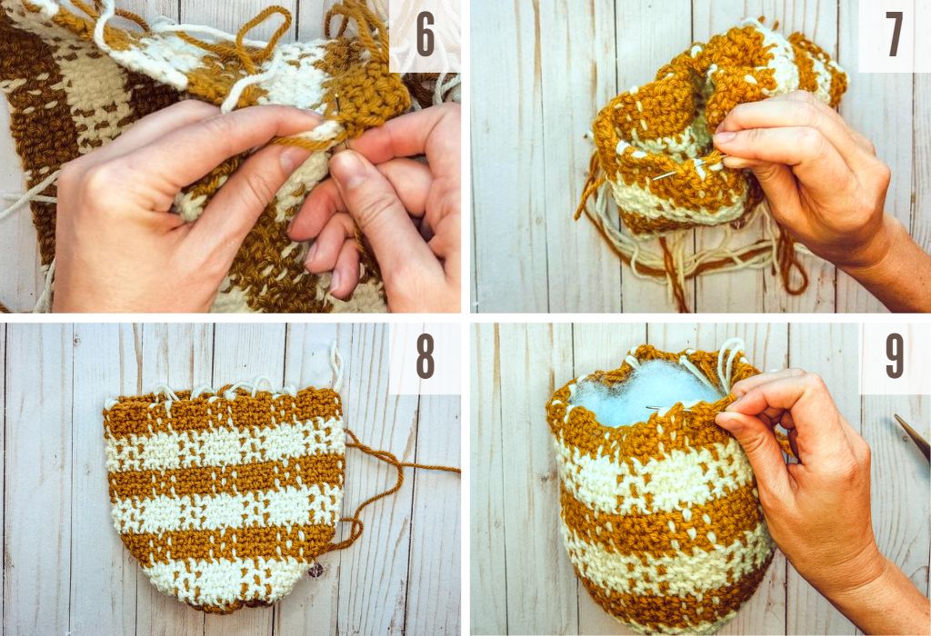 Steps 6-9 of how to make a plaid crochet pumpkin