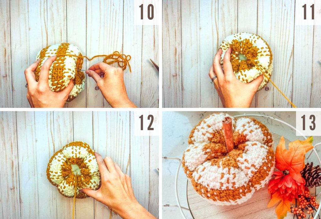 Steps 10-13 of how to make a plaid crochet pumpkin