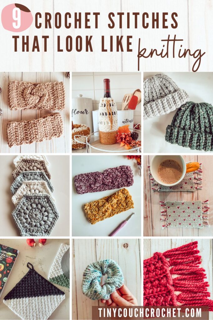 Text at the top says "9 quick crochet projects gift ideas" followed by 9 photos of crochet projects, including a crochet scrunchi, a crochet scarf and a crochet ear warmer