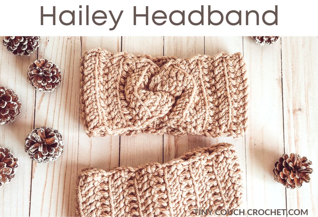 A photo of a twisted crochet ear warmer with text at the top that says "hailey headband"