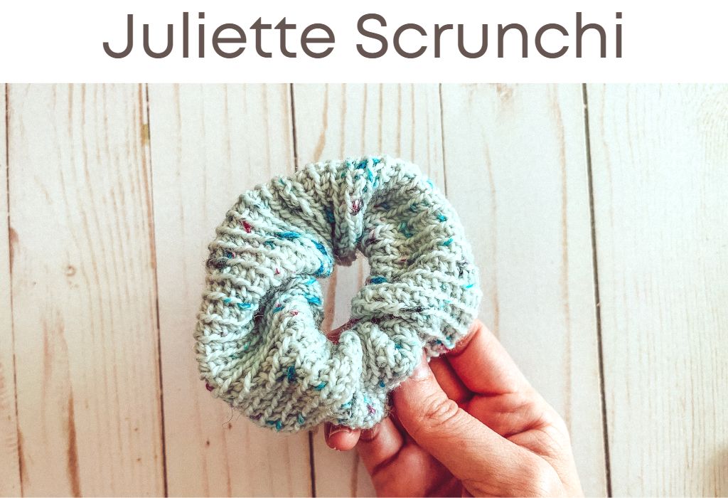 A photo of a hand holding a crochet scrunchi. Text at the top says "juliette scrunchi"