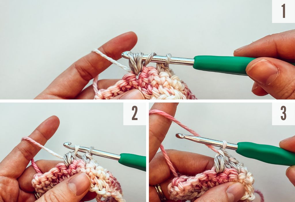Three photos that show the steps of the Mini Puff Crochet St
