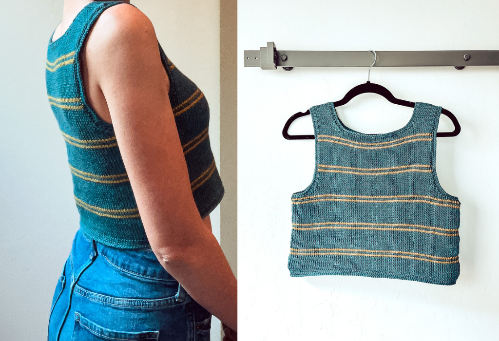 The photo on the right is of a blue tunisian crochet tank top with gold stripes hanging on the wall. The photo on the left is of a woman wearing the tank.