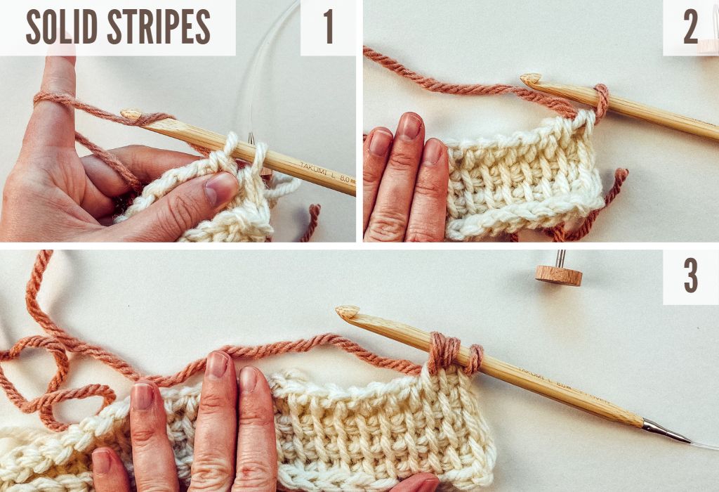 3 photos showing steps of how to change colors in tunisian crochet for solid stripes