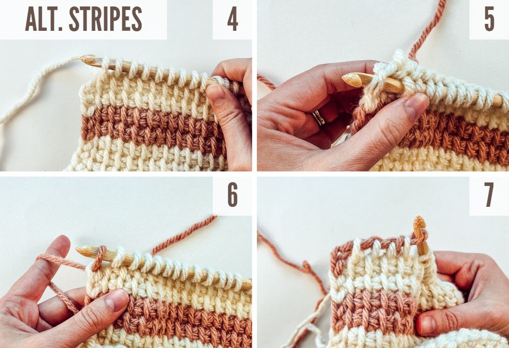 4 photos showing steps of how to change colors in tunisian crochet for varied stripes