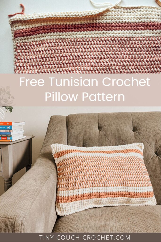 A pink and white striped Tunisian Crochet pillow on a gray couch with text that reads: free tunisian crochet pillow pattern. A close up of the texture is shown at the top of the pin.