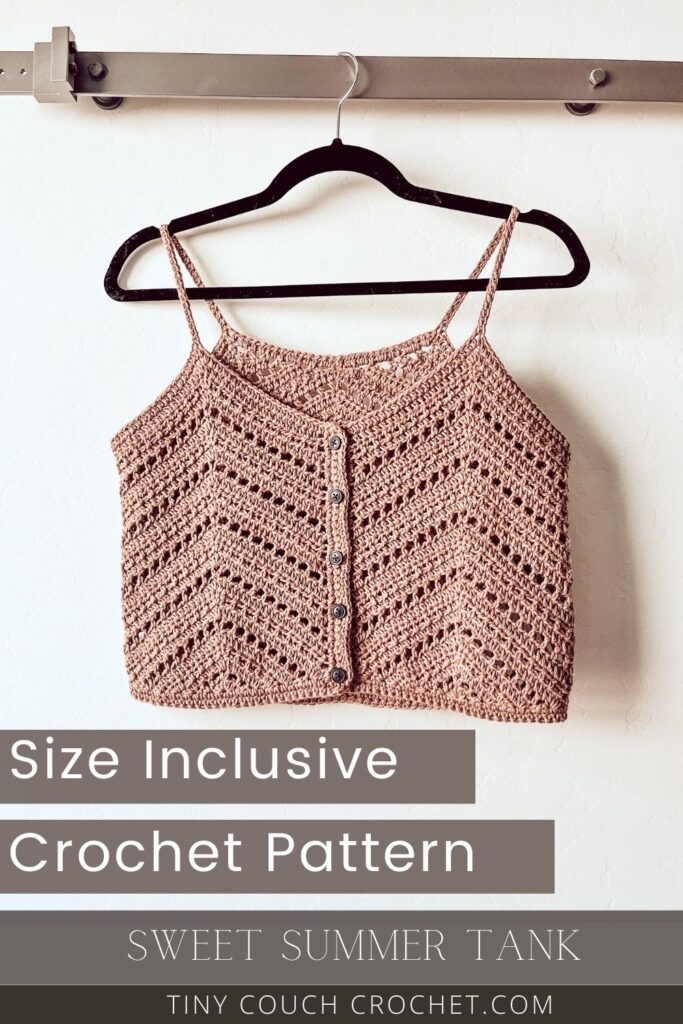 A beige crochet tank top is hanging on a black hanger against a wall. Text says "size-inclusive crochet pattern, sweet summer tank, tinycouchcrochet.com" The top is made from the Sweet Summer crochet tank top pattern PDF.