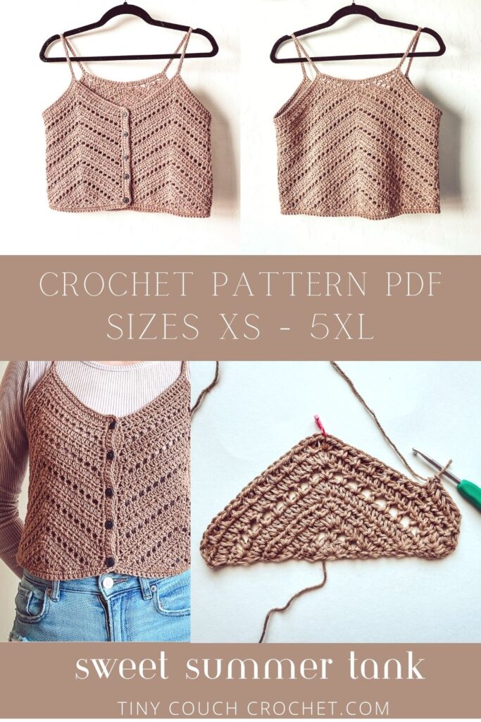 Top left photo is a beige crochet tank top is hanging on a black hanger against a wall. Top right photo is the same top hanging but showing the back of the top. Bottom left photo is of a woman wearing the top, and the bottom right photo is a picture of the crochet top in progress. Text says "crochet pattern PDF, sizes XS - 5XL, sweet summer tank, tinycouchcrochet.com" The top is made from the Sweet Summer crochet tank top pattern PDF.