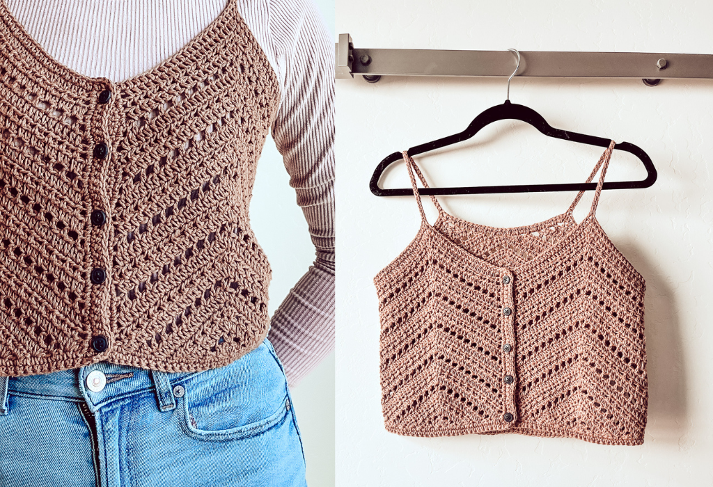 Picture on the right is of a beige crochet tank top hanging on a hanger against a wall. The photo to the left is a close up of a woman wearing the crochet tank top over a shirt and a pair of jeans.