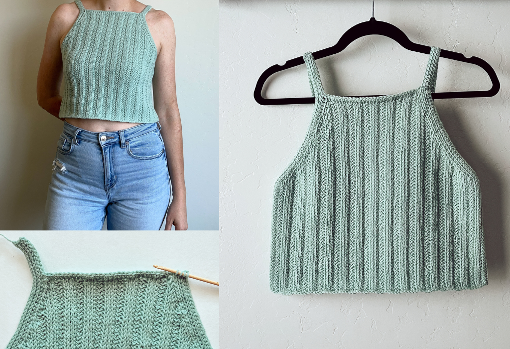 3 photos of a Tunisian crochet tank top: a large photo on the right of the crochet tank top hanging on a hanger against a wall, the upper left photo is of a woman wearing the Tunisian crochet tank top, and the photo on the left bottom is a progress shot of the tank top being made.